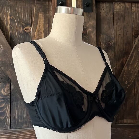 Vassarette Vintage  satin mesh Transparent black bra 36B - Picture 2 of 9